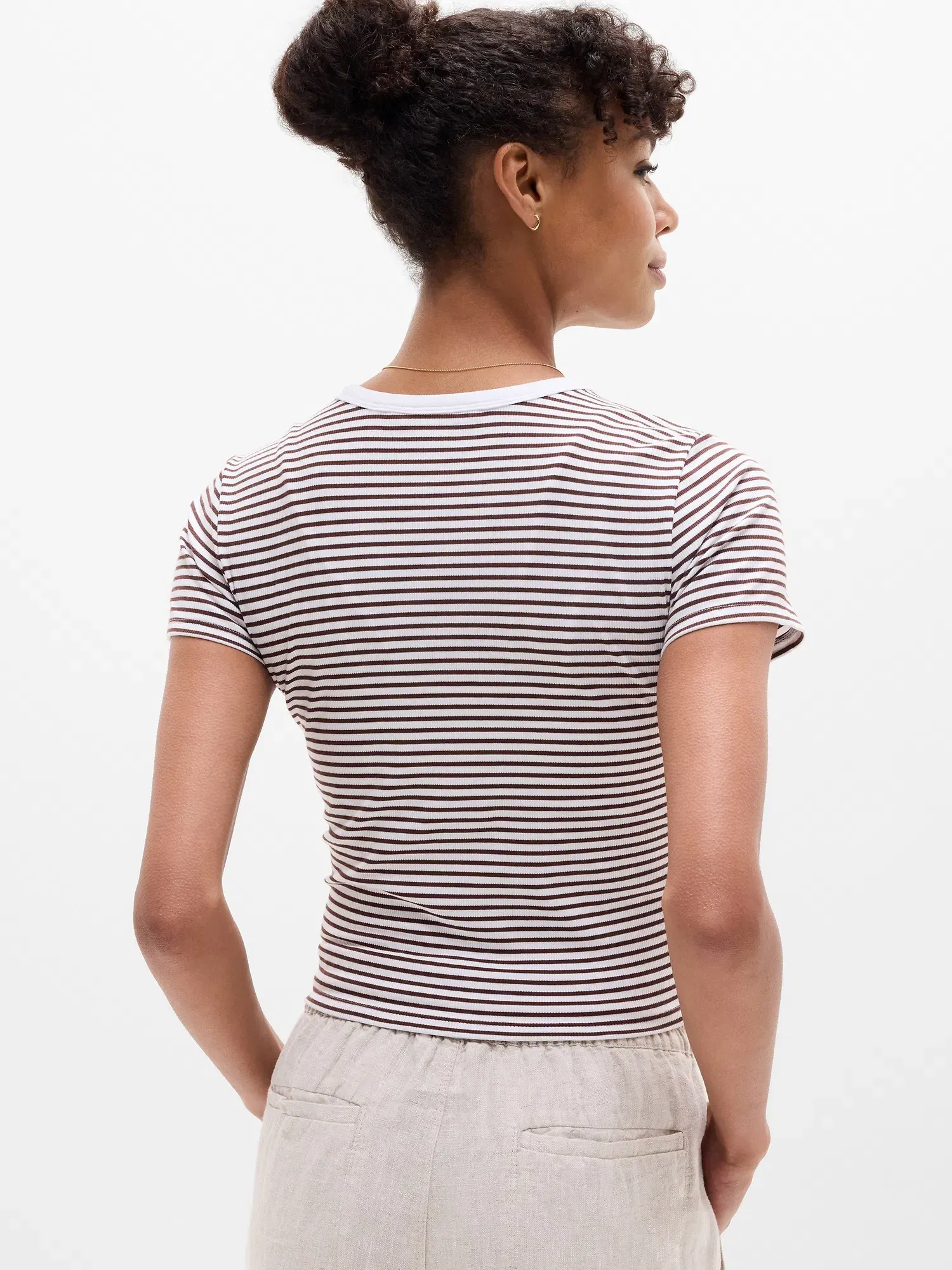 Athleta Signature Rib Crop T-Shirt - Brown (Martina Stripe Woodland)