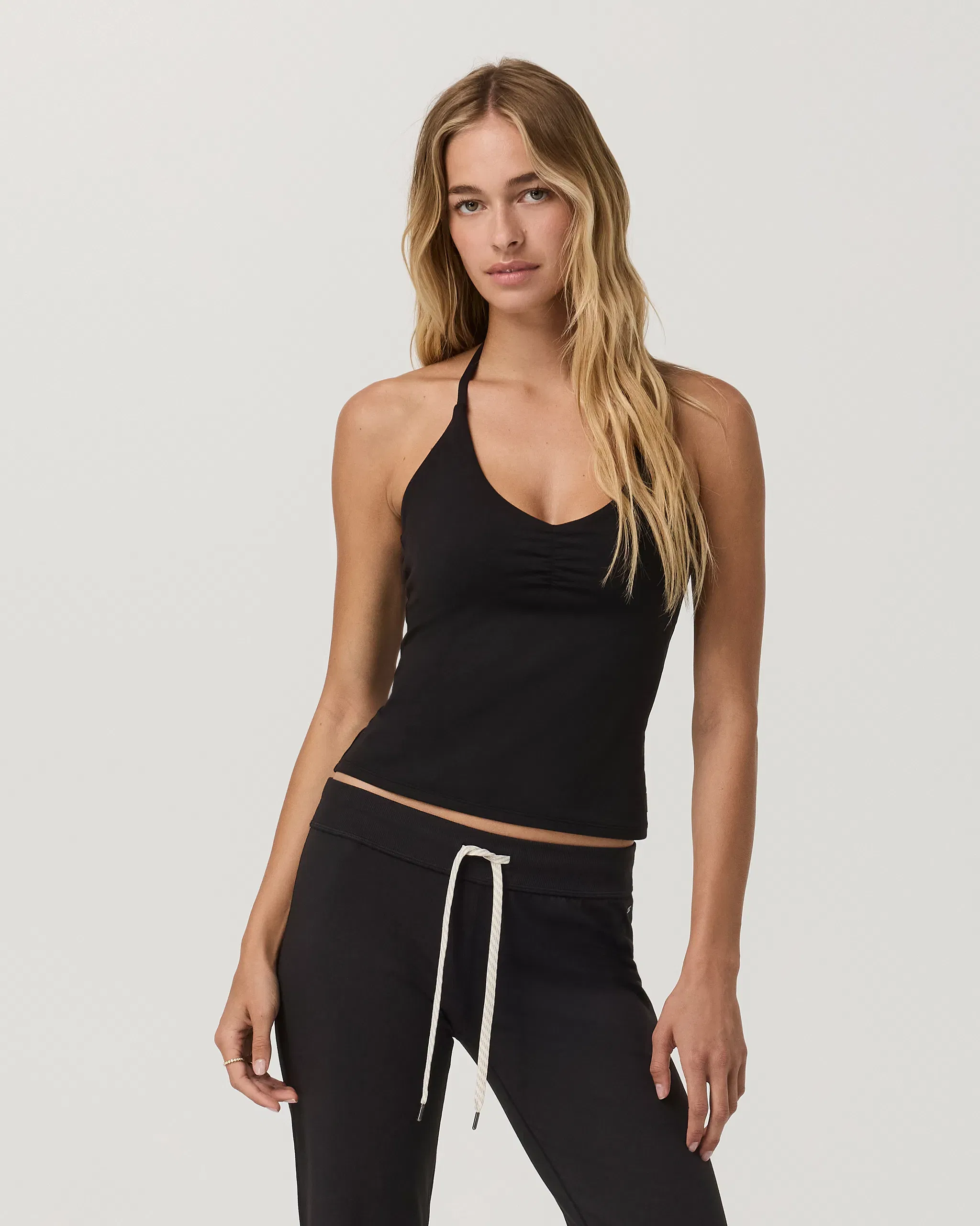 Vuori Halo Halter Ruched Top - Solid Black