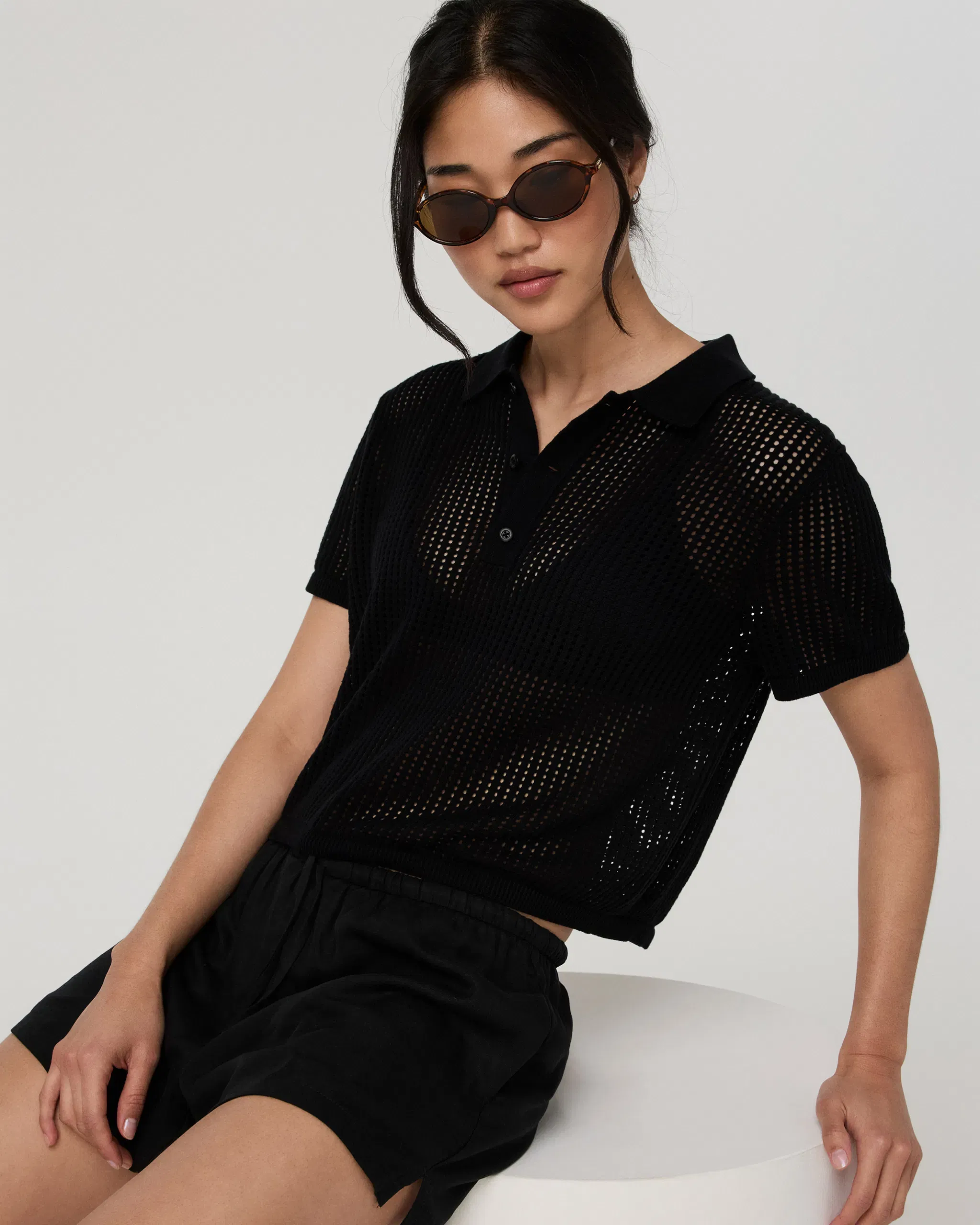 Vuori Short Sleeve Knitted Mesh Polo - Black