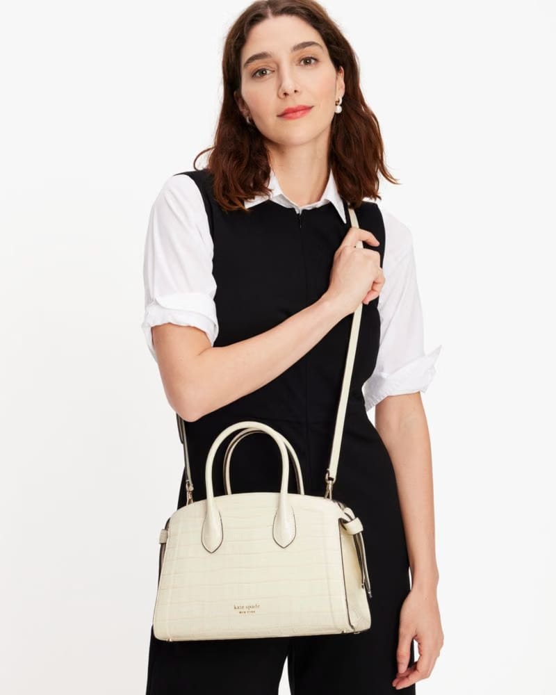 Kate Spade Knott Croc embossed Medium Zip top Satchel Halo White