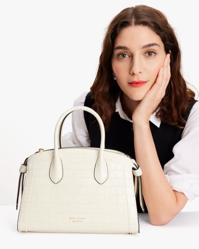 Kate Spade Knott Croc embossed Medium Zip top Satchel Halo White