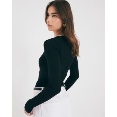Black Long Sleeve Scallop Trim Top
