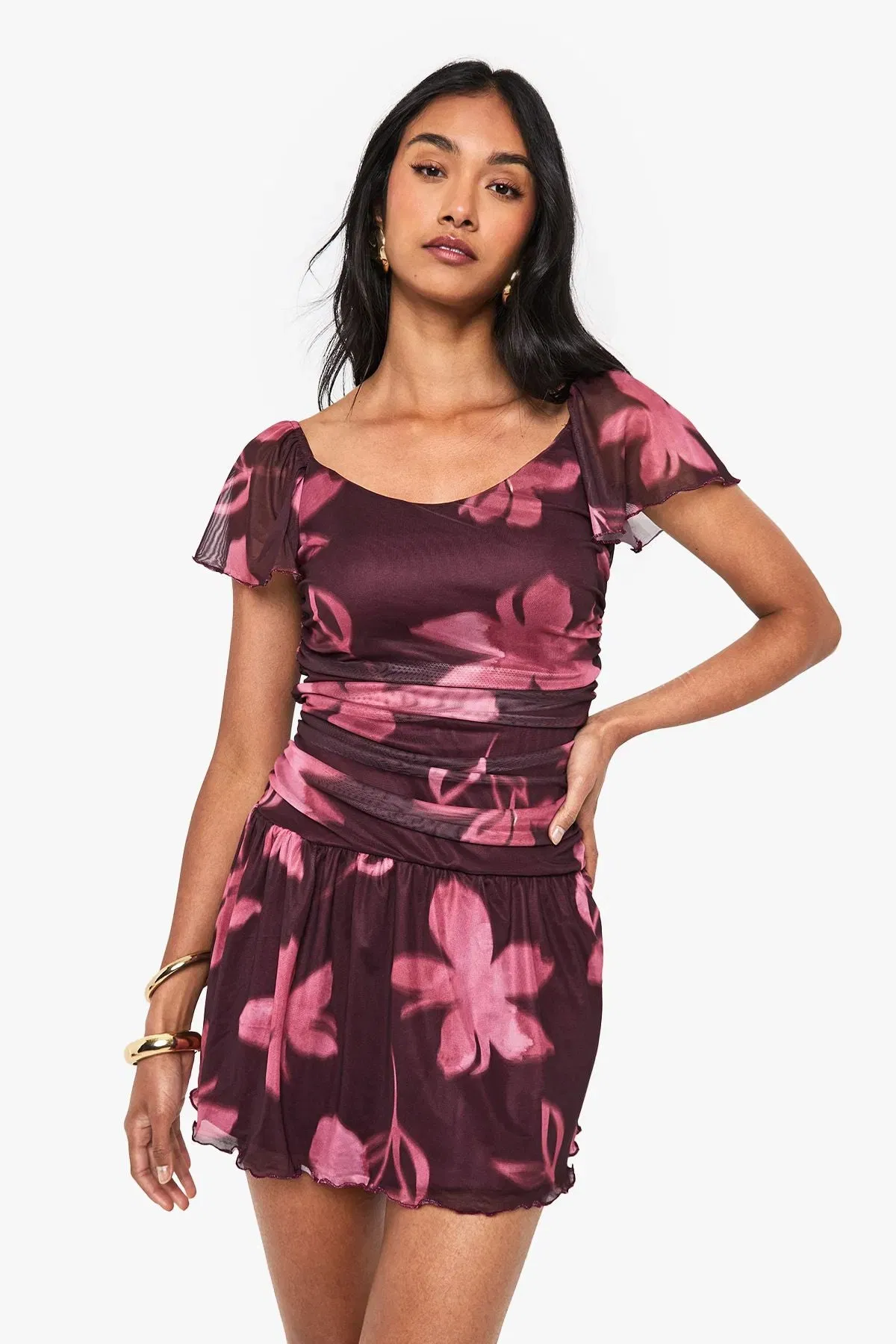 Floral Print Ruched Cap Sleeve Mini Dress