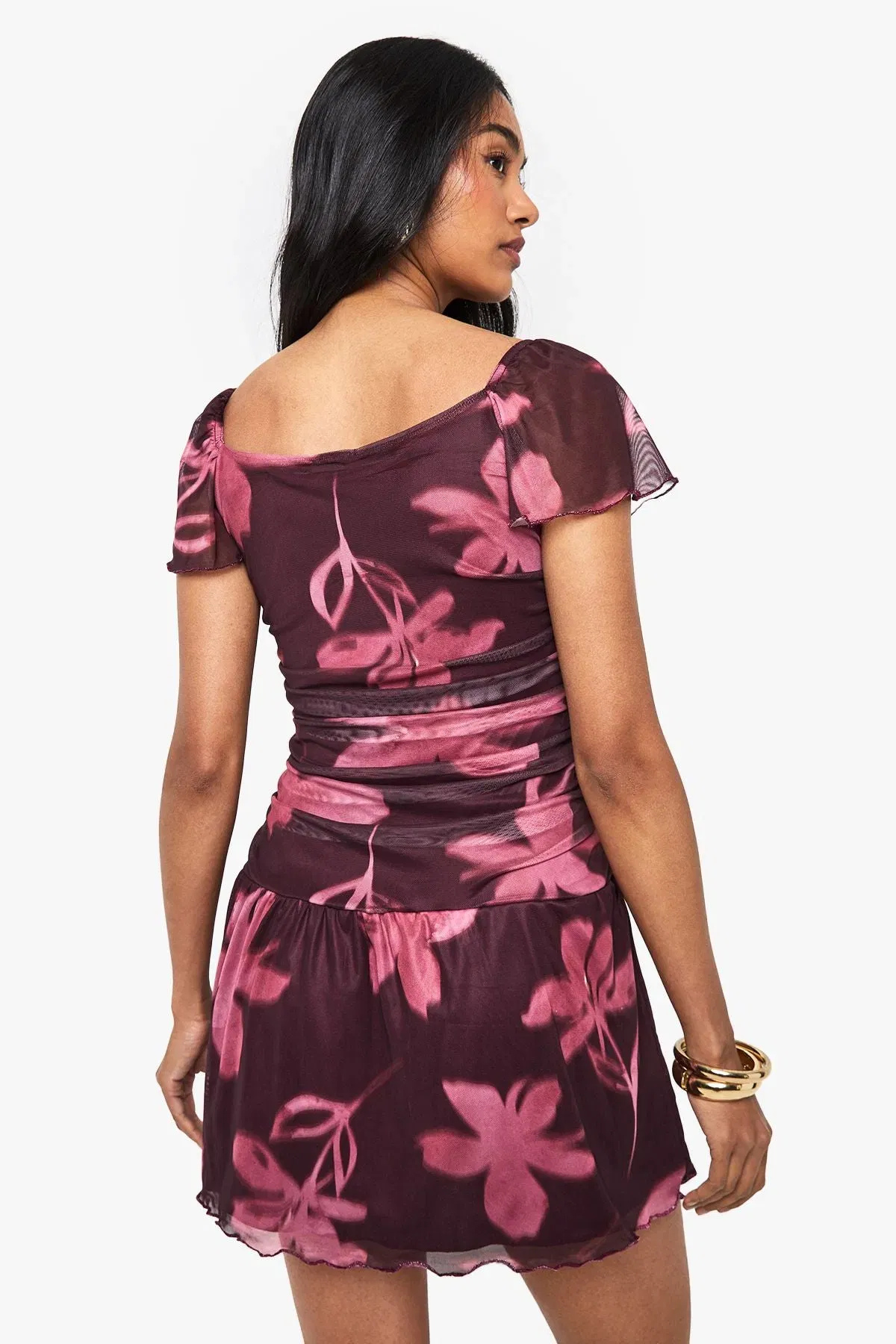 Floral Print Ruched Cap Sleeve Mini Dress