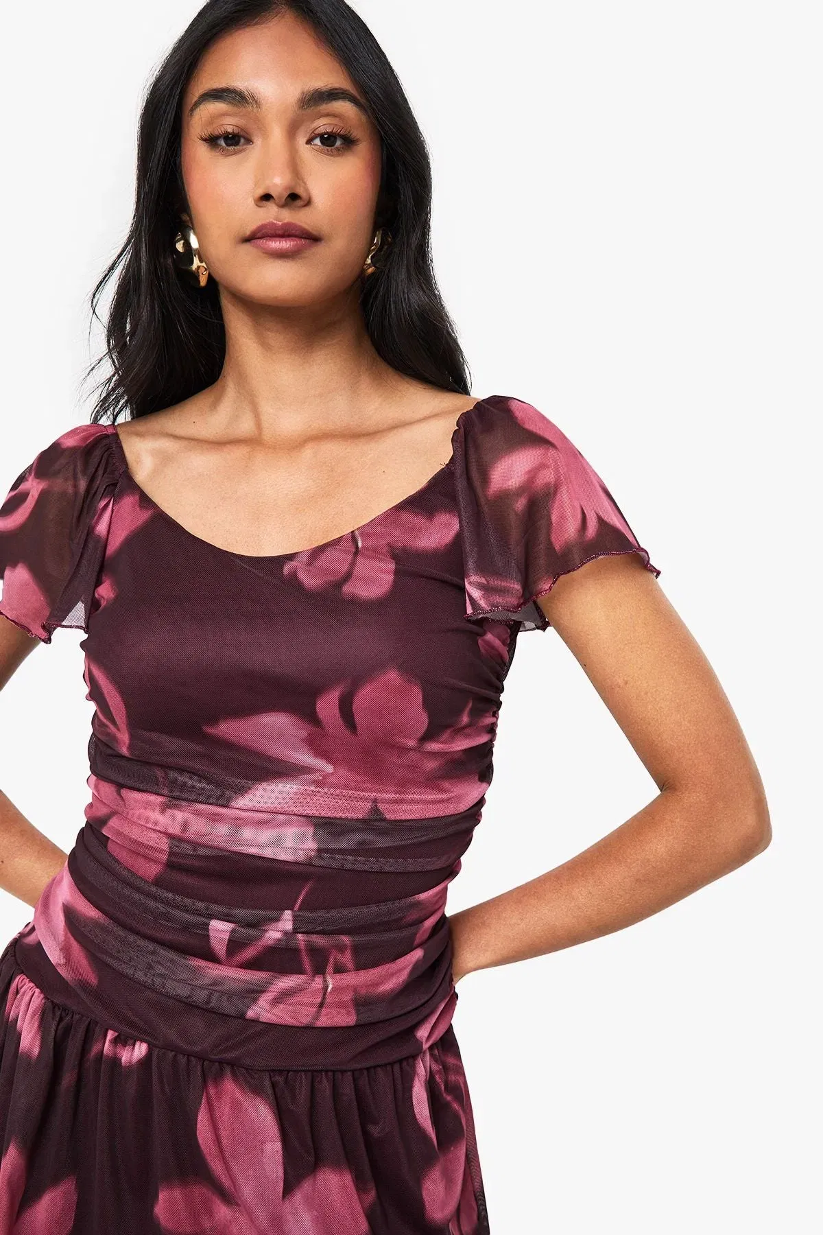 Floral Print Ruched Cap Sleeve Mini Dress