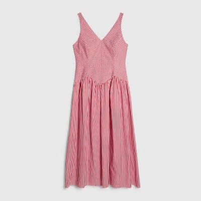 Red Petite V Neck Stripe Midi Dress