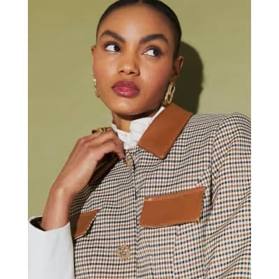 Beige Long Sleeve Check Print Jacket