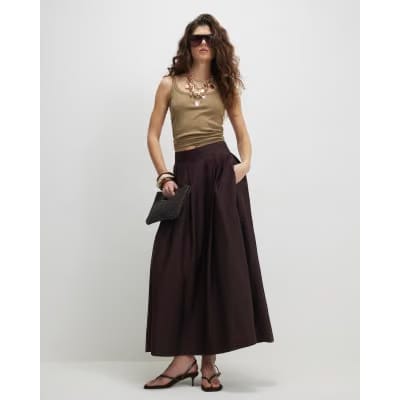 Brown Full A Line Midi Skirt