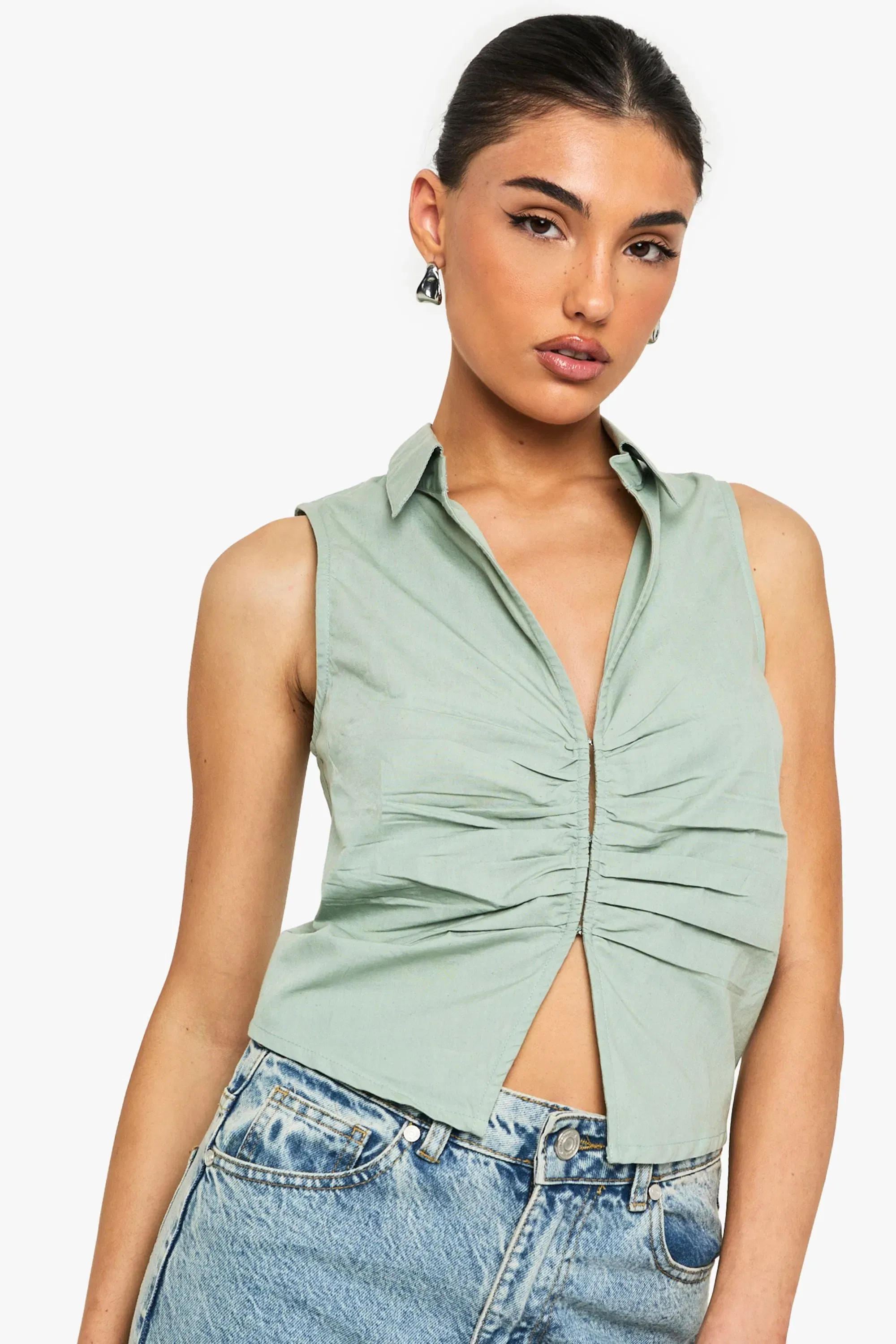 Ruched Poplin Sleeveless Waistcoat