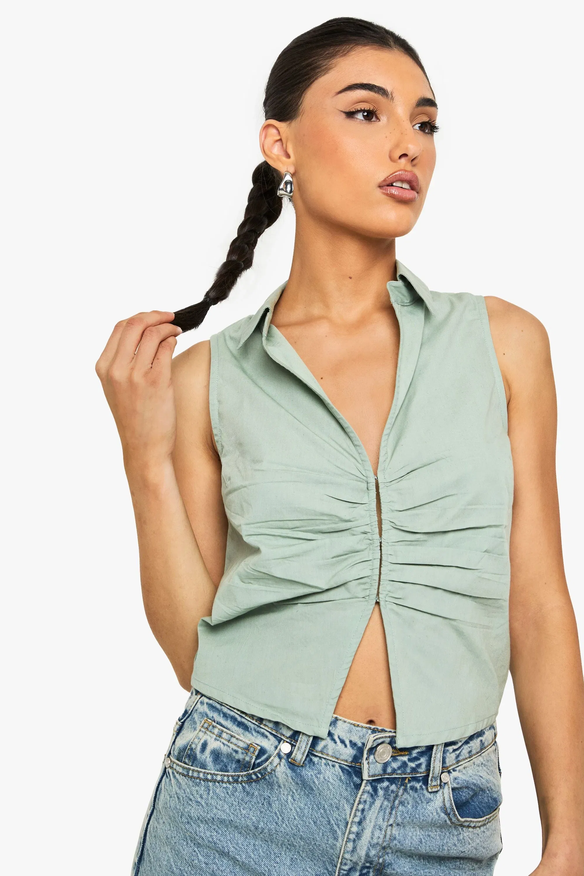 Ruched Poplin Sleeveless Waistcoat