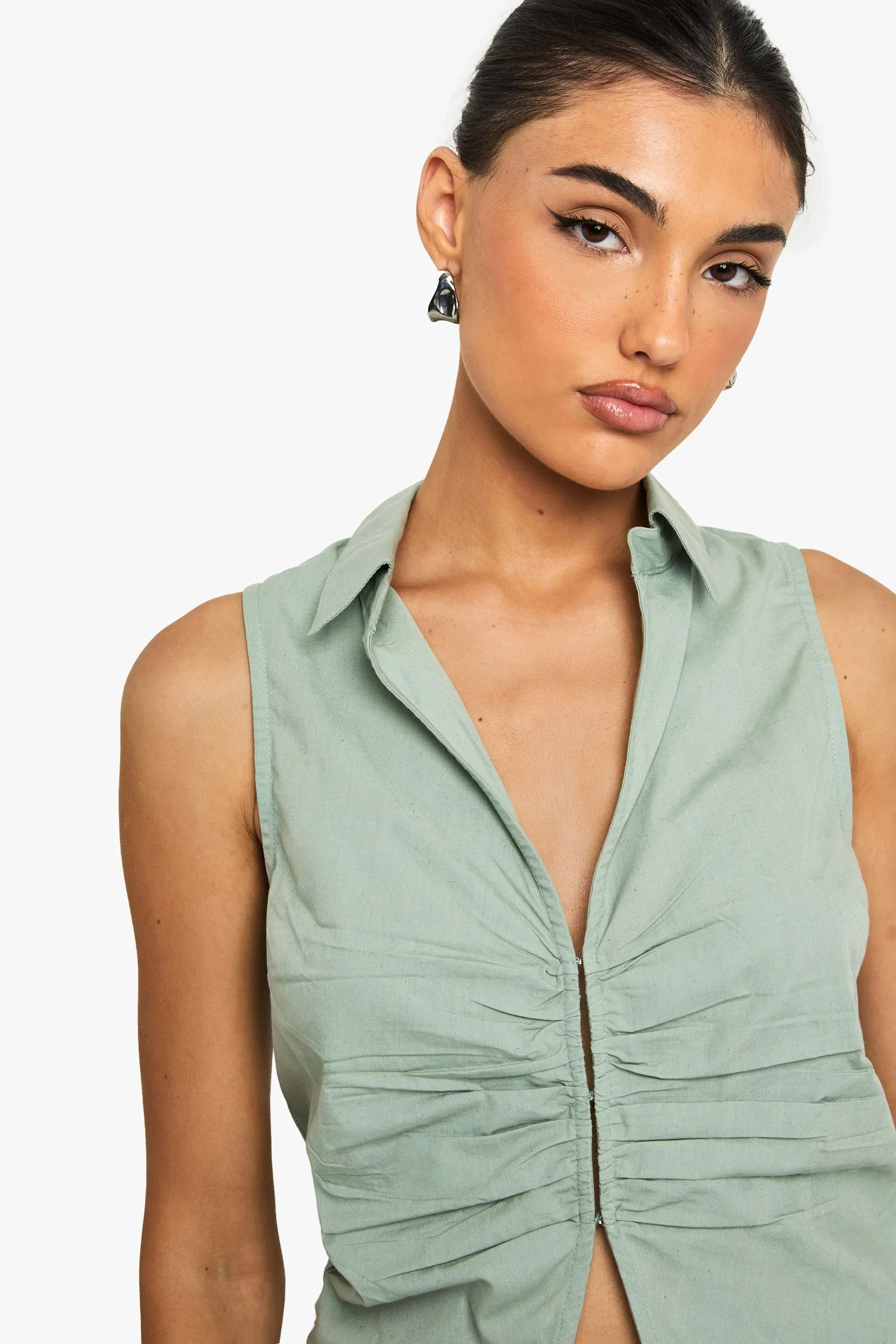 Ruched Poplin Sleeveless Waistcoat