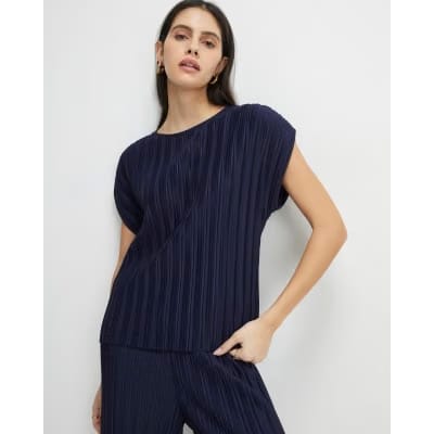 Navy Plisse Short Sleeve Top