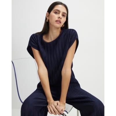 Navy Plisse Short Sleeve Top
