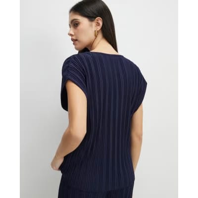 Navy Plisse Short Sleeve Top