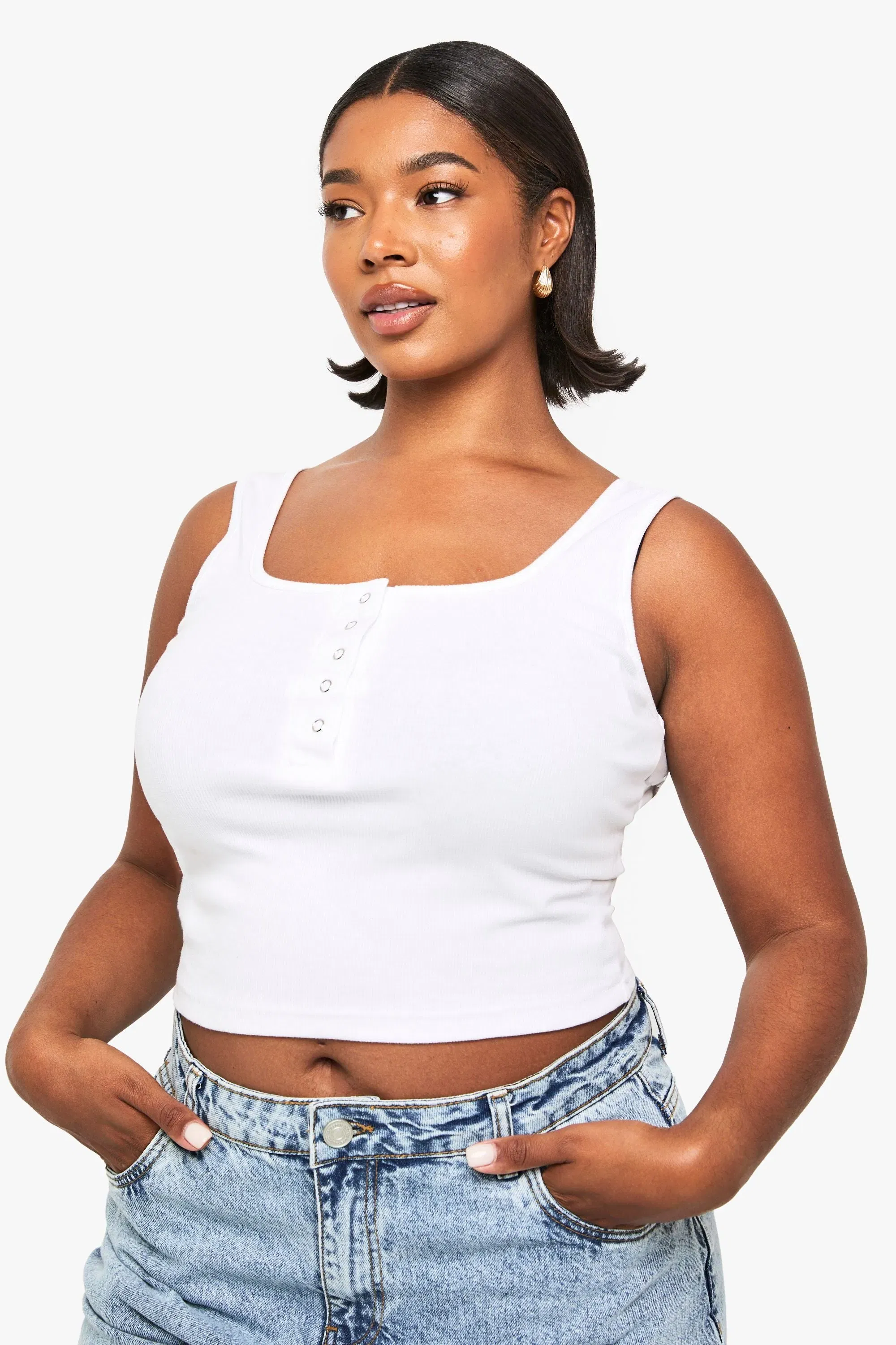 Plus Popper Detail Scoop Neck Vest Top