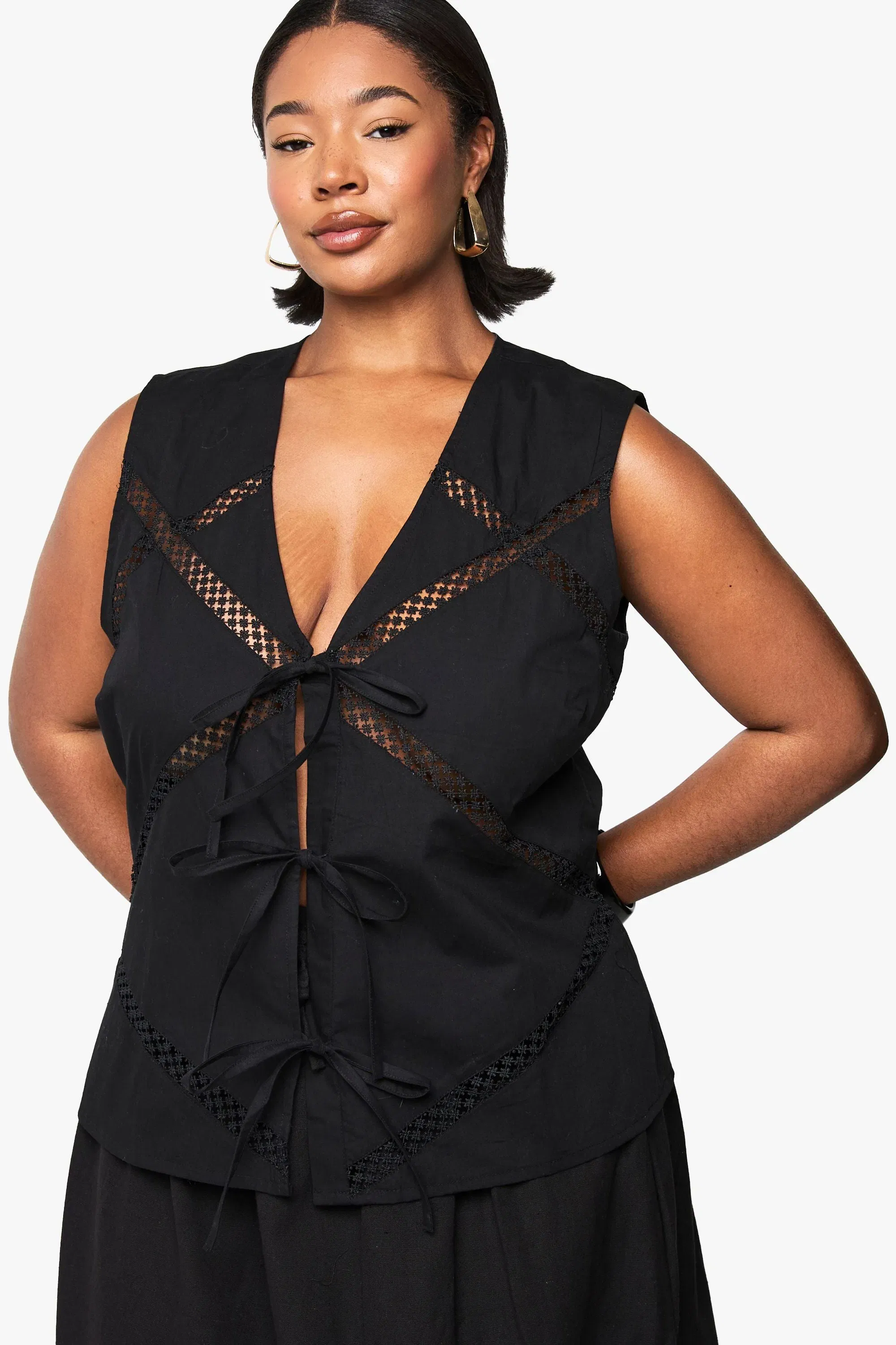 Plus Lace Insert Tie Front Waistcoat