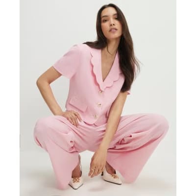 Pink Linen Blend Cropped Scallop Trim Jacket