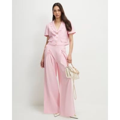 Pink Linen Blend Cropped Scallop Trim Jacket