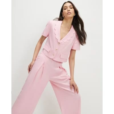 Pink Linen Blend Cropped Scallop Trim Jacket