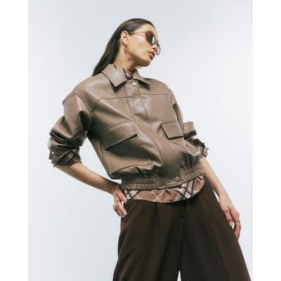 Beige Textured Faux Leather Bomber Jacket