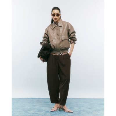 Beige Textured Faux Leather Bomber Jacket