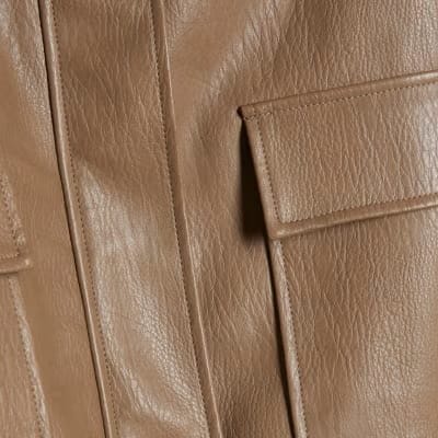 Beige Textured Faux Leather Bomber Jacket