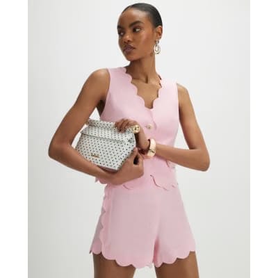 Pink Linen Blend Scallop Trim Shorts