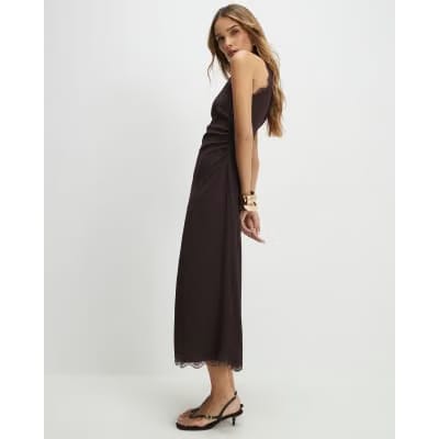 Brown Lace Trim Textured Maxi Dress
