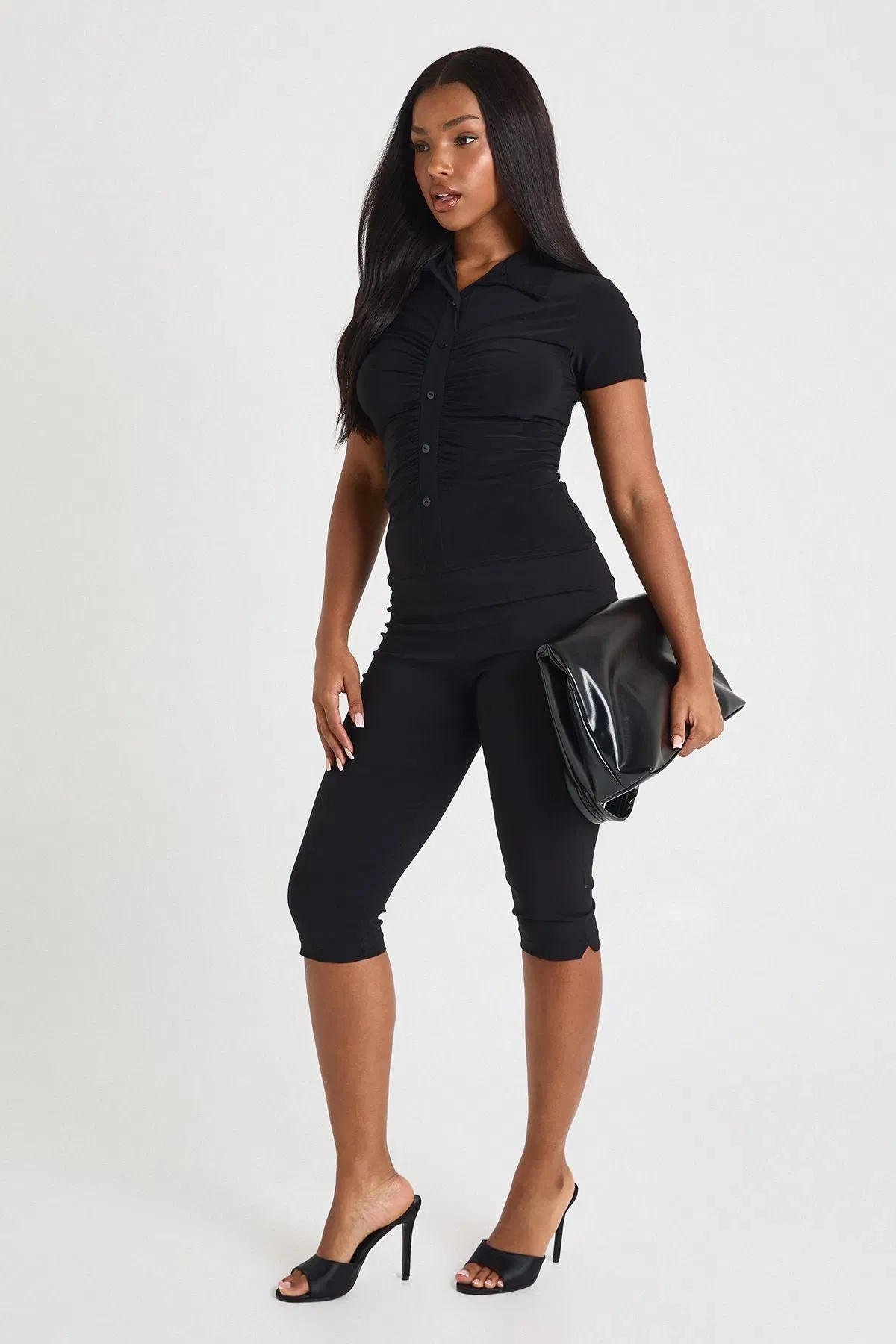 Slinky Button Through Ruched Front Top