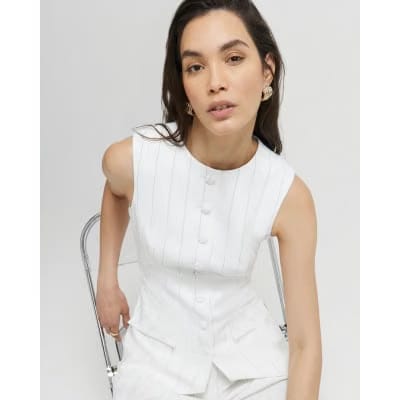 Cream Sleeveless Striped Longline Waistcoat