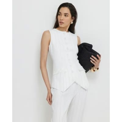Cream Sleeveless Striped Longline Waistcoat