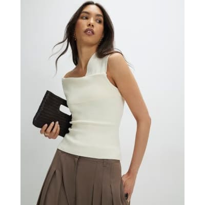 Cream Knitted One Shoulder Bardot Top