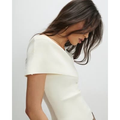 Cream Knitted One Shoulder Bardot Top