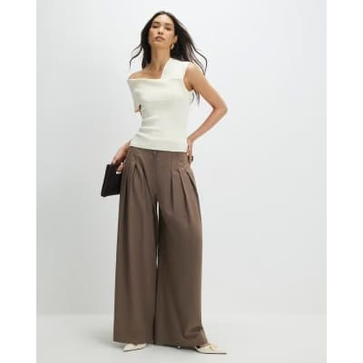 Cream Knitted One Shoulder Bardot Top