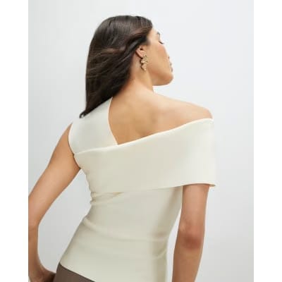 Cream Knitted One Shoulder Bardot Top