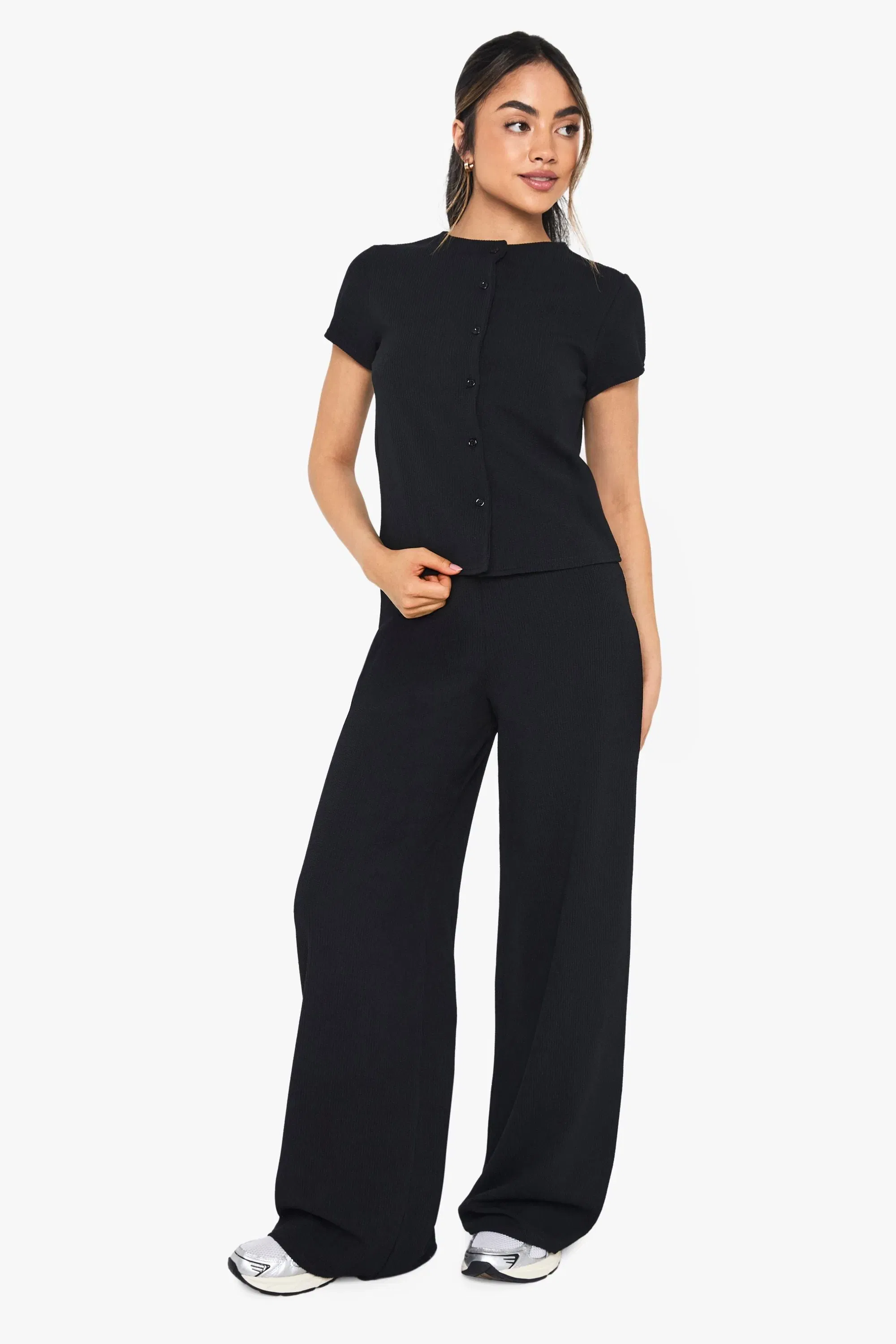 Crinkle Rib Button Through Cap Sleeve Top and Trouser Set