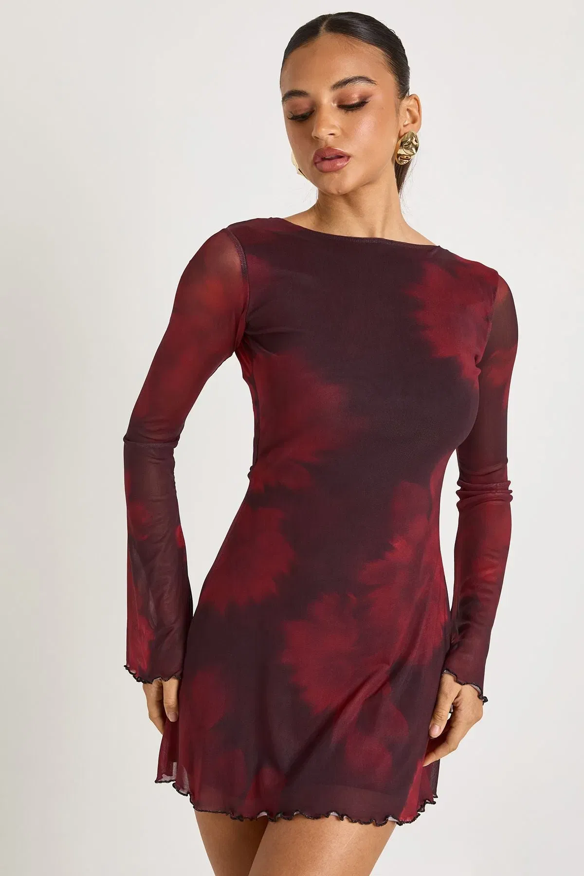 Blurred Floral Printed Mesh Flare Sleeve Mini Dress