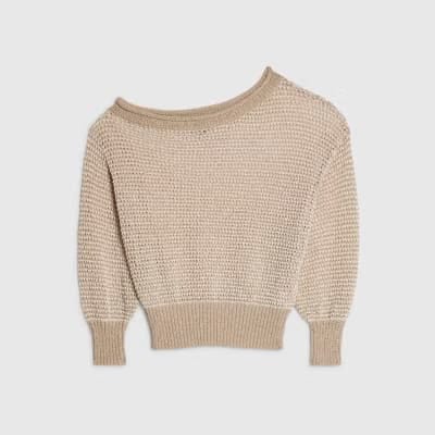 Petite Beige Knitted Off Shoulder Top