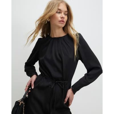Black Pleated Neck Mini Shift Dress
