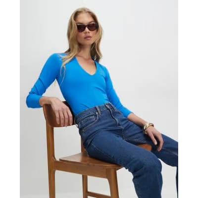 Blue Plunge Neckline Long Sleeve Bodysuit