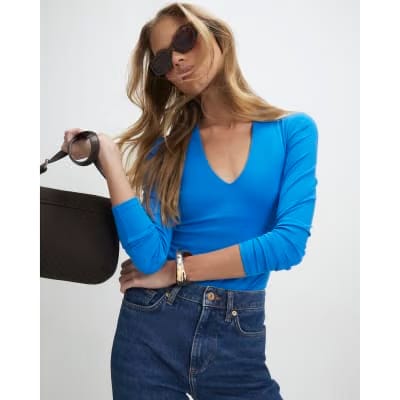 Blue Plunge Neckline Long Sleeve Bodysuit