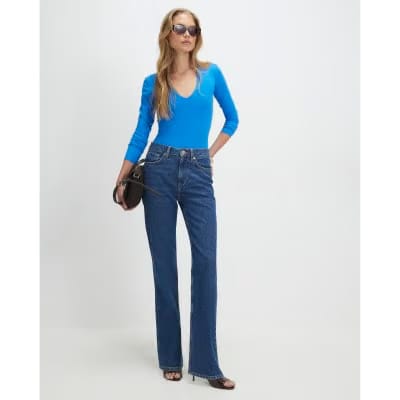 Blue Plunge Neckline Long Sleeve Bodysuit