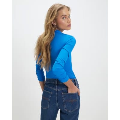 Blue Plunge Neckline Long Sleeve Bodysuit