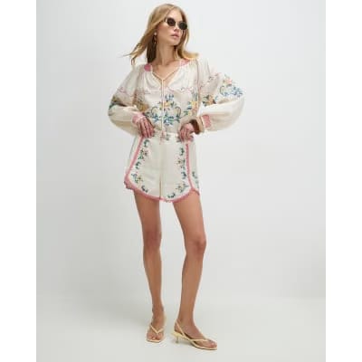 Cream Floral Embroidered Shorts