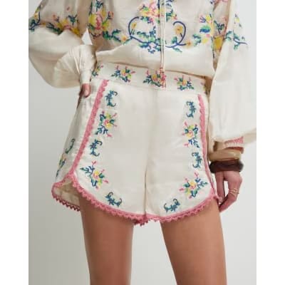 Cream Floral Embroidered Shorts