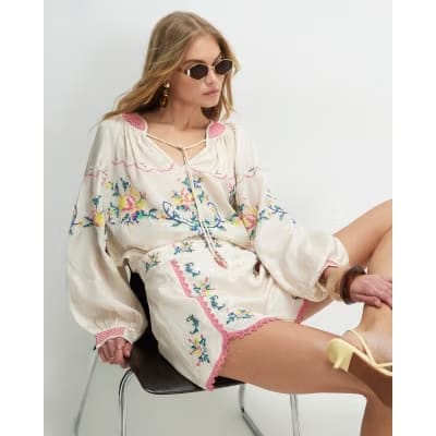 Cream Floral Embroidered Shorts