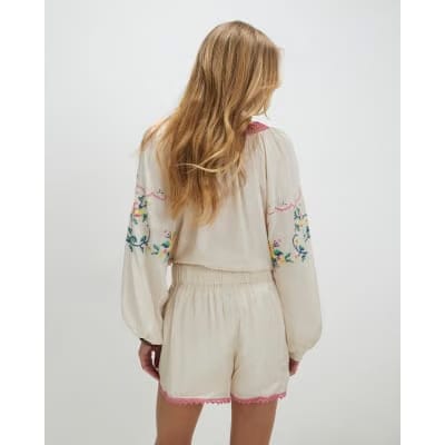 Cream Floral Embroidered Shorts