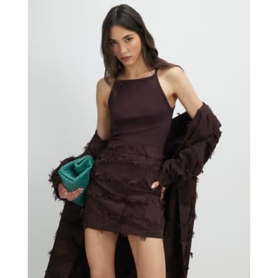 Brown Spot Fringe Mini Skirt