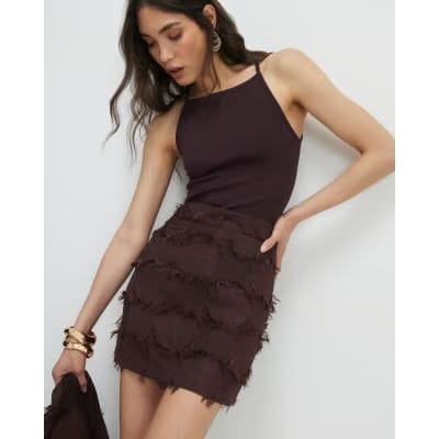 Brown Spot Fringe Mini Skirt