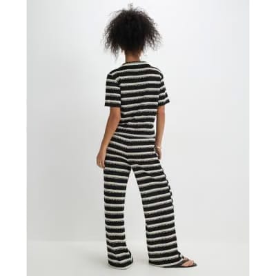 Black Striped Crochet Wide Leg Trousers